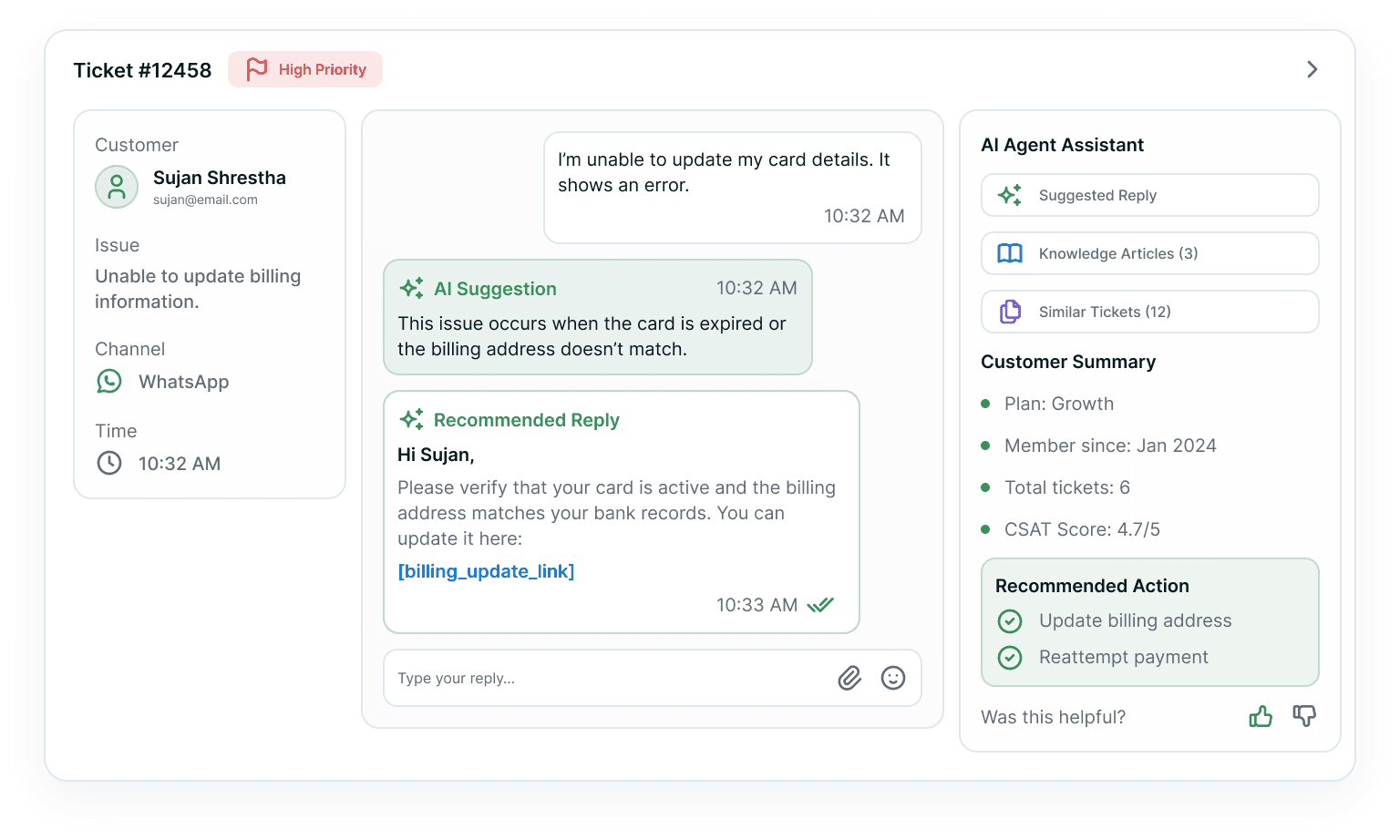 A support ticket workspace: a High Priority ticket header over three columns — the customer, issue, channel and time on the left, the conversation in the middle where AI Suggestion and Recommended Reply cards answer the customer's message, and an AI Agent Assistant panel on the right listing suggested reply, knowledge articles, similar tickets, a customer summary and two recommended actions.