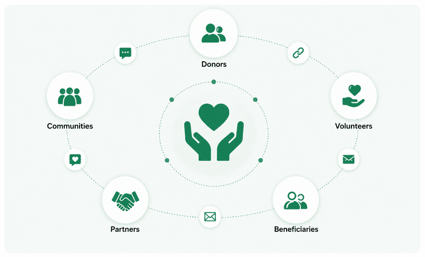 Donors, volunteers, beneficiaries, partners and communities connected around one mission across every channel.