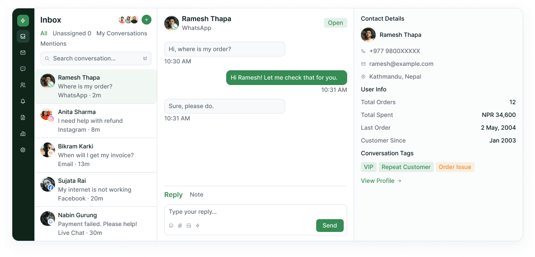 Unified support inbox with conversations from every channel