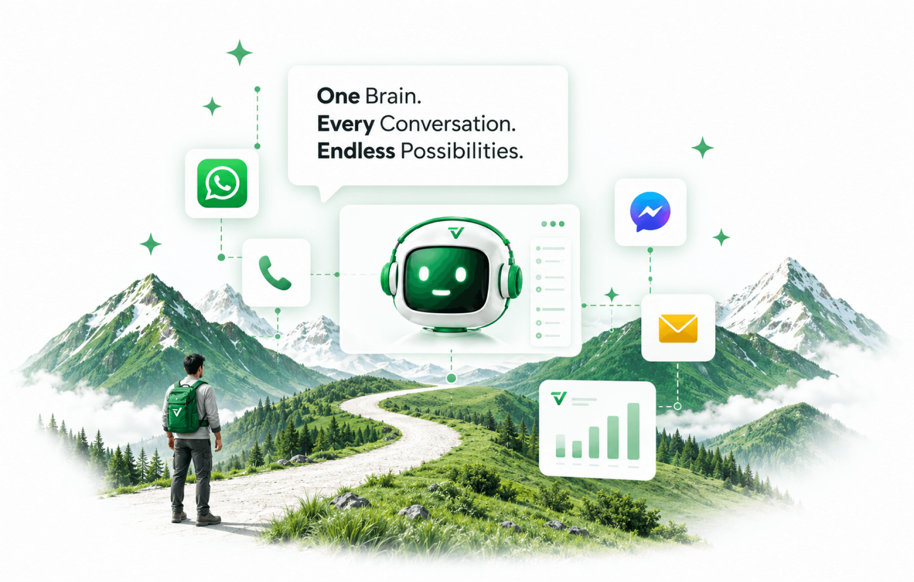 A hiker with a green backpack stands at the foot of a winding trail through green Himalayan foothills, under a white speech bubble reading “One Brain. Every Conversation. Endless Possibilities.” and a card holding a green-and-white headset robot, with WhatsApp, phone, Messenger, email and bar-chart tiles floating around it on dotted green links.