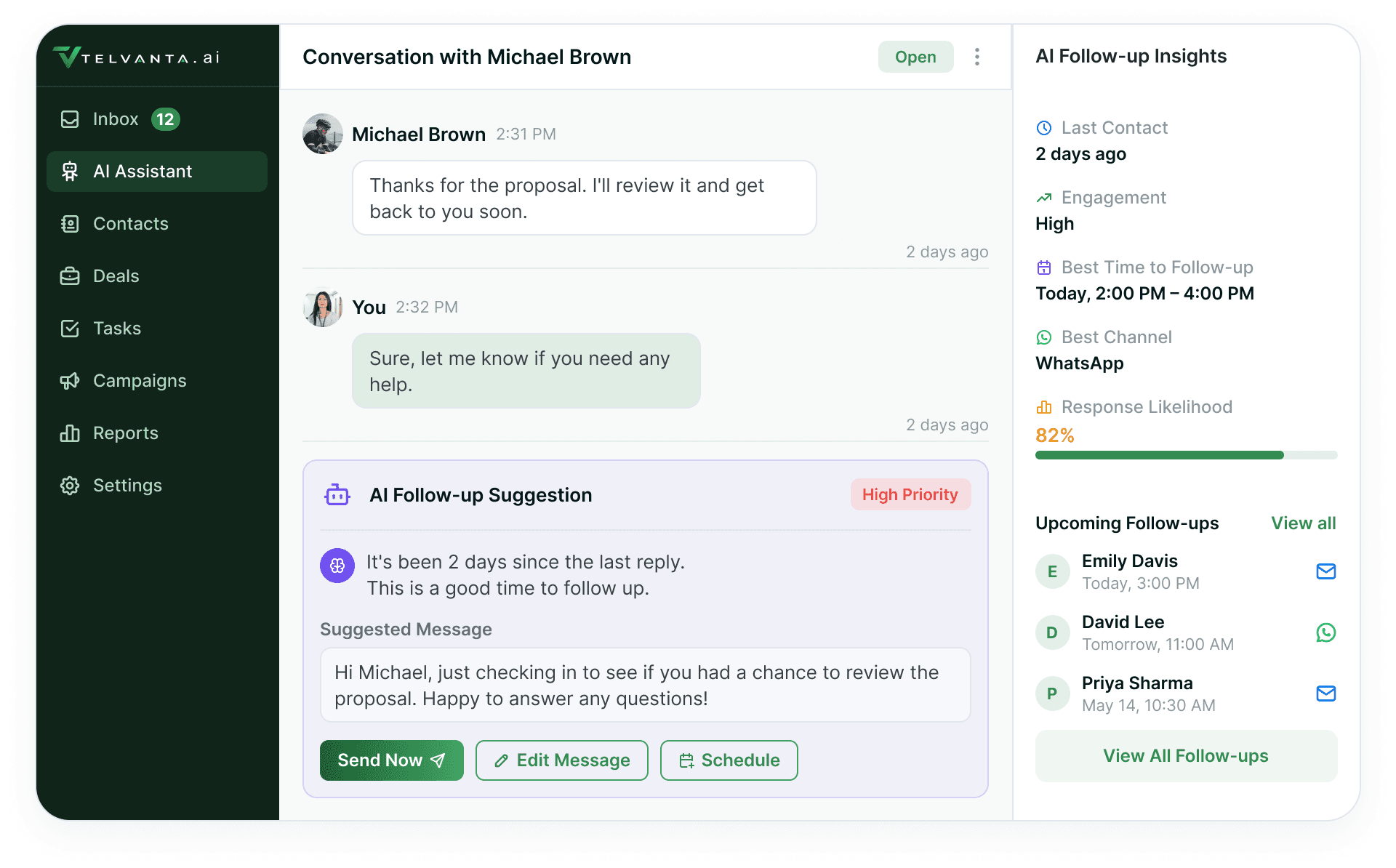 The Telvanta inbox suggesting the next follow-up for a conversation, with the best time to contact and the upcoming follow-up queue