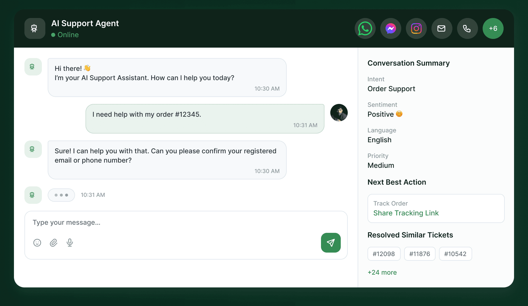 AI support agent chat beside the conversation summary with intent, sentiment and next best action