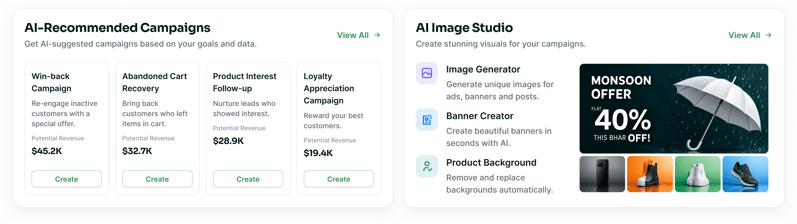 AI-recommended campaign cards beside the AI image studio preview