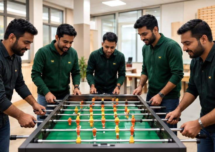 Colleagues laughing around a foosball table in the Telvanta office break area.