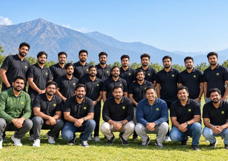 A large group of Telvanta colleagues posed together on a grass field at an offsite, with hills behind them.
