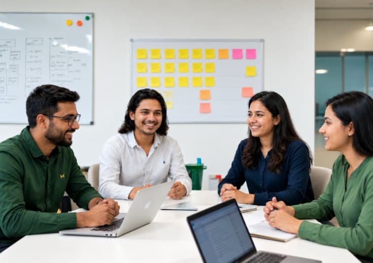 Four colleagues working through a plan at a meeting table with laptops, in front of a whiteboard covered in sticky notes.