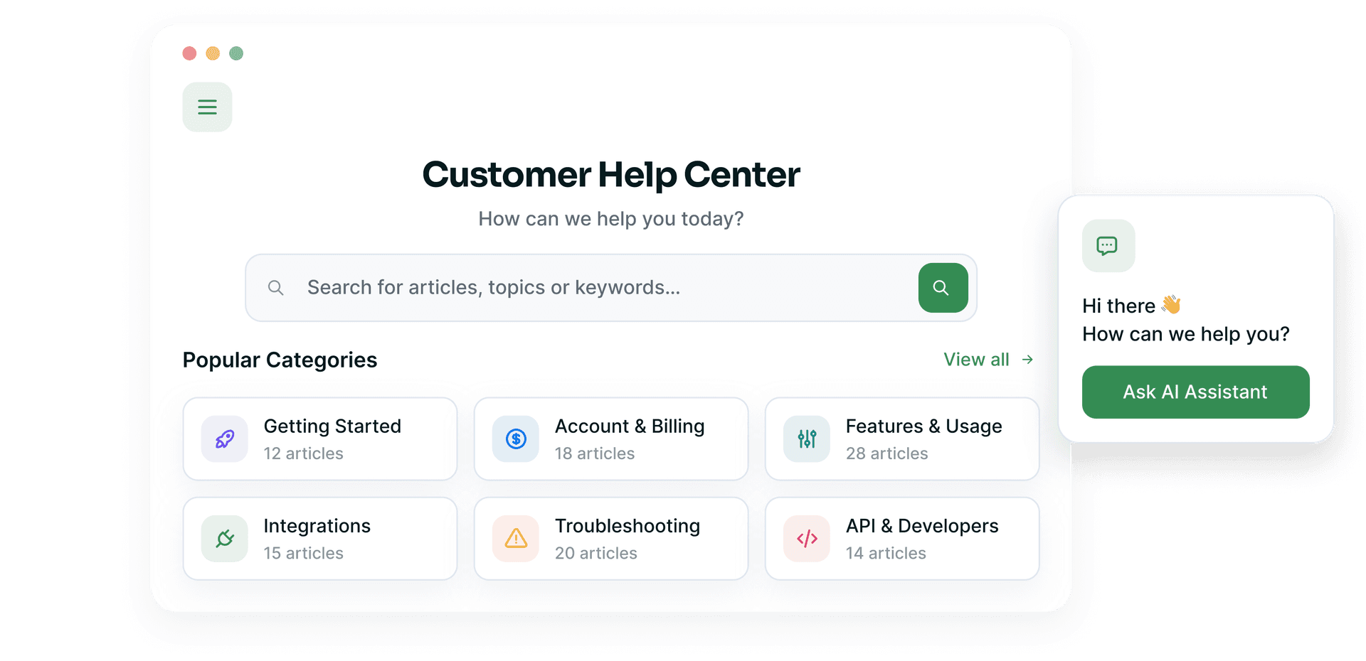 Customer help centre with search and popular article categories beside an AI assistant prompt