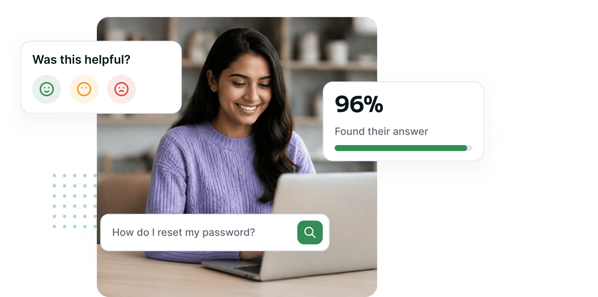 Article feedback prompt, a 96% found-their-answer figure and a search question card