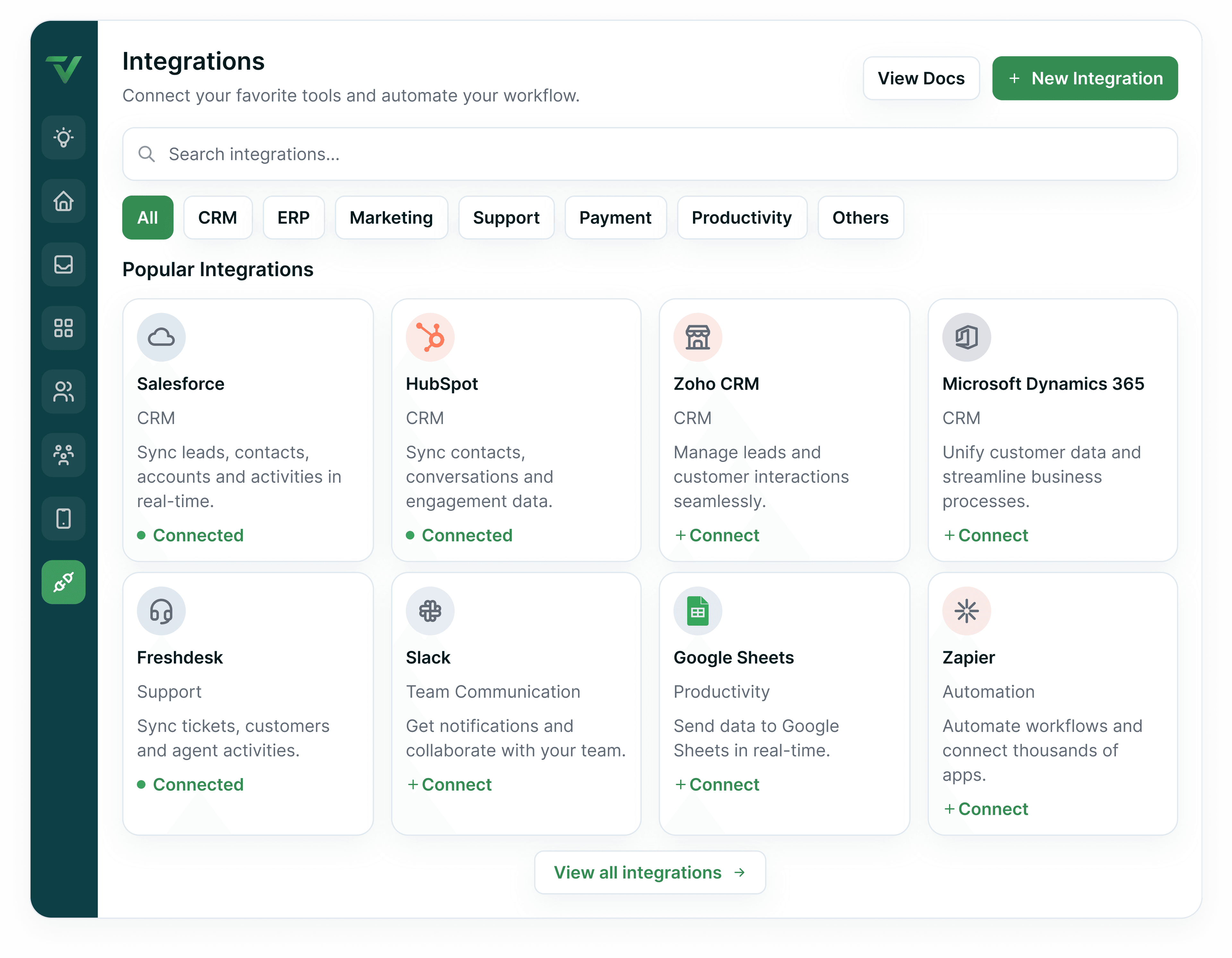 An integrations workspace showing connected apps, sync status and the event stream between Telvanta and a customer's own systems.