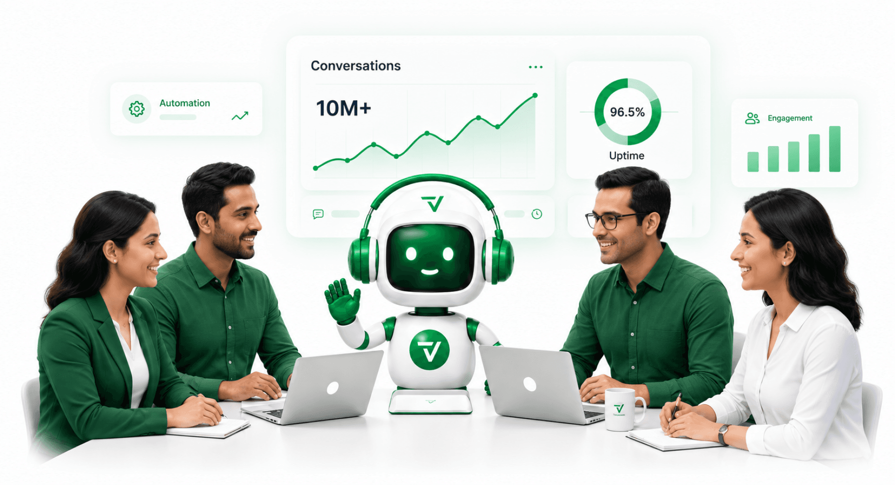Four colleagues in green and white sit around a white table with open laptops, either side of a green-and-white headset robot waving hello, under floating dashboard cards reading Automation, Conversations 10M+ over a rising line chart, a 96.5% uptime ring and an Engagement bar chart.