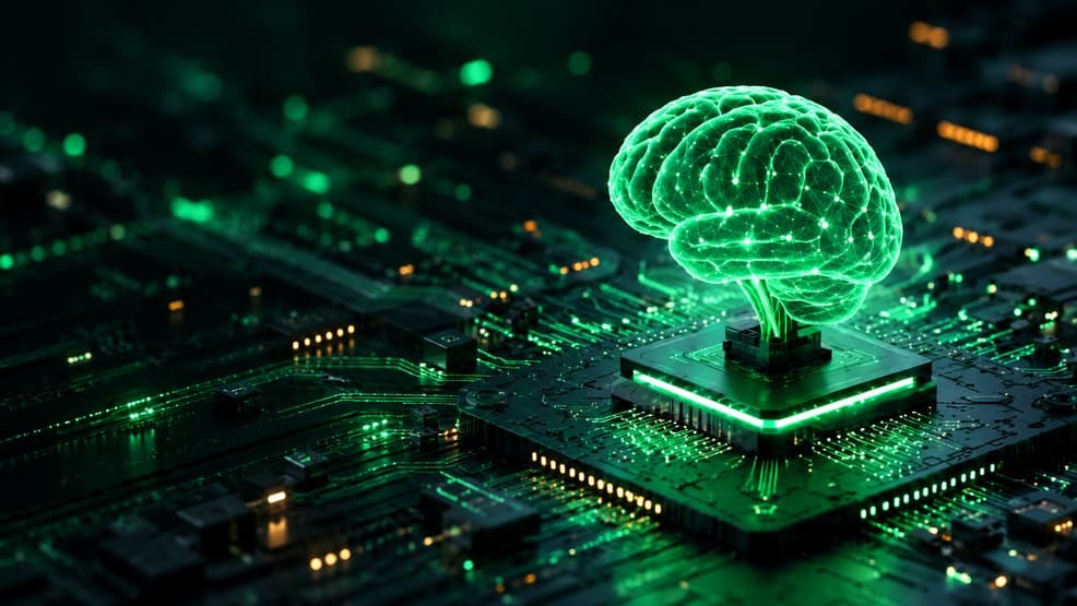A glowing green wireframe brain sitting on a processor die at the centre of a circuit board.