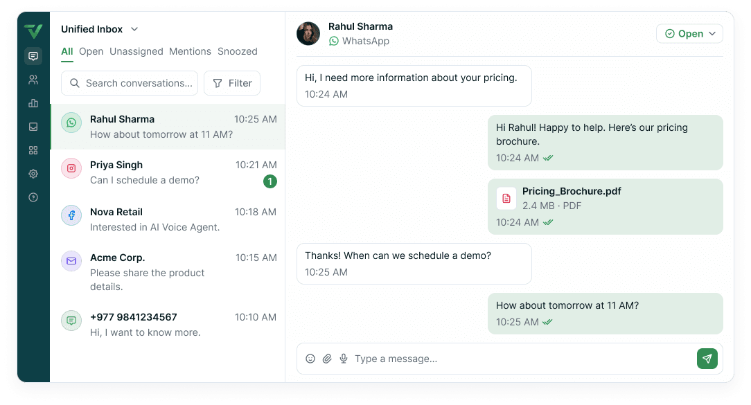 A three-pane unified inbox app — a dark icon rail, a conversation list of WhatsApp, Instagram, Facebook, email and SMS threads from Rahul Sharma, Priya Singh, Nova Retail, Acme Corp. and +977 9841234567, and an open WhatsApp thread with Rahul Sharma carrying a Pricing_Brochure.pdf attachment above a message composer.