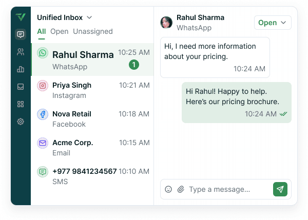 Unified inbox: an icon rail, a conversation list of WhatsApp, Instagram, Facebook, email and SMS threads with times and an unread count, and Rahul Sharma's open WhatsApp thread with its pricing question, the agent's reply and a read-only composer.