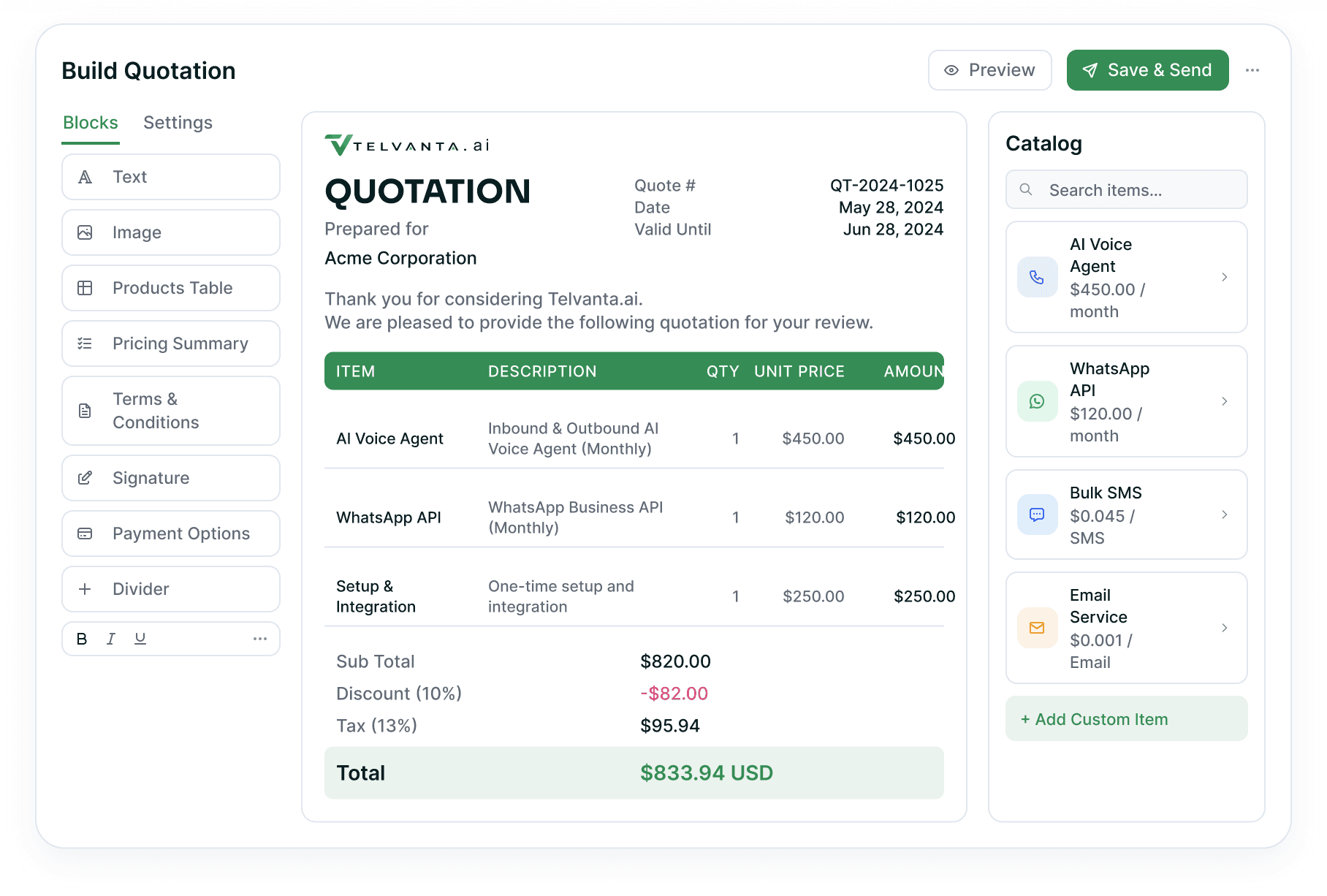 Quotation builder with the block palette, the live quotation document and the product catalog