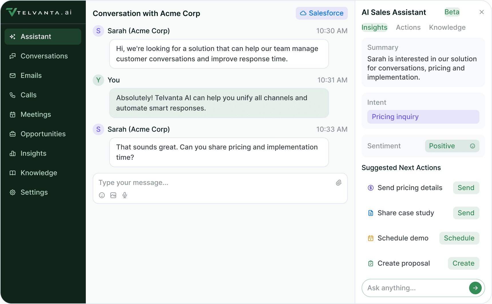 Telvanta AI Sales Assistant, showing a live customer conversation beside the assistant's summary and suggested next actions