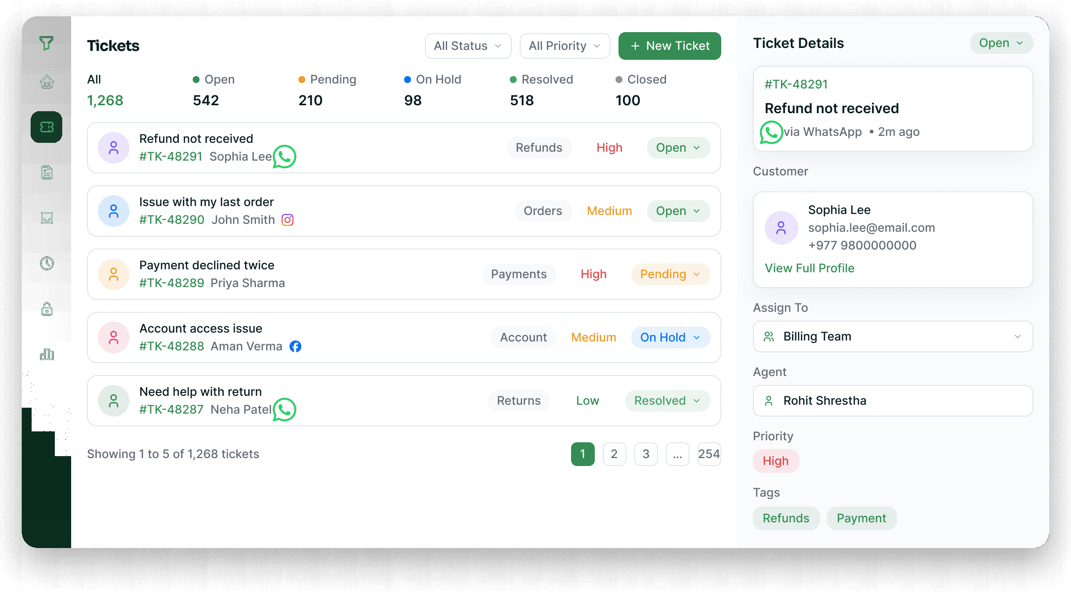Unified ticket inbox with priorities, assignees and SLA timers